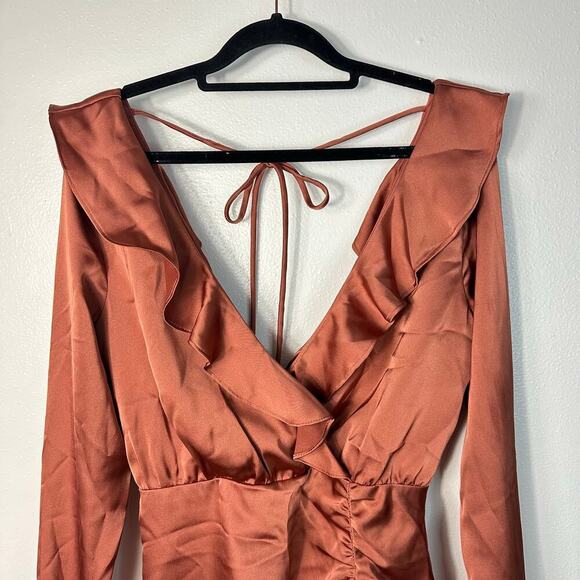 Majorelle X Revolve Dress Nelly Ruffle Surplice Shirred Mini Terracotta Brown S - Picture 5 of 10